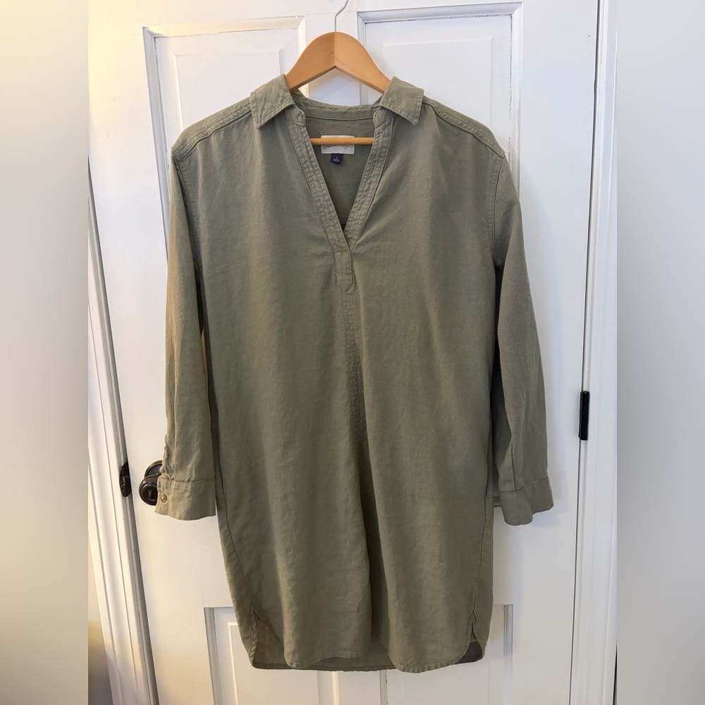 NWOT Shirt dress womens lightweight v neck earthy green linen blend office S